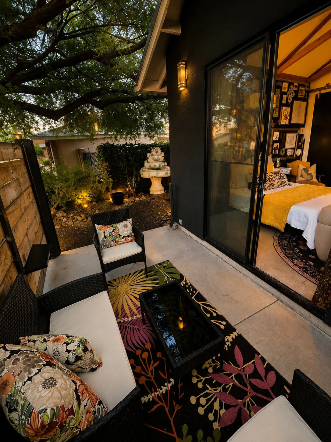 Dark & Moody real Airbnb property patio with botanical rug, cozy seating and warm interior lights